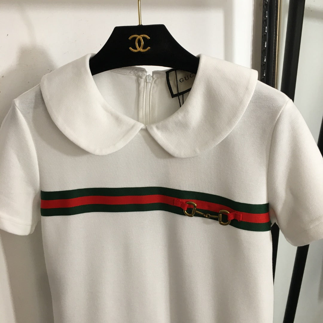 25 Summer new striped ribbon stitching doll collar short-sleeved dress