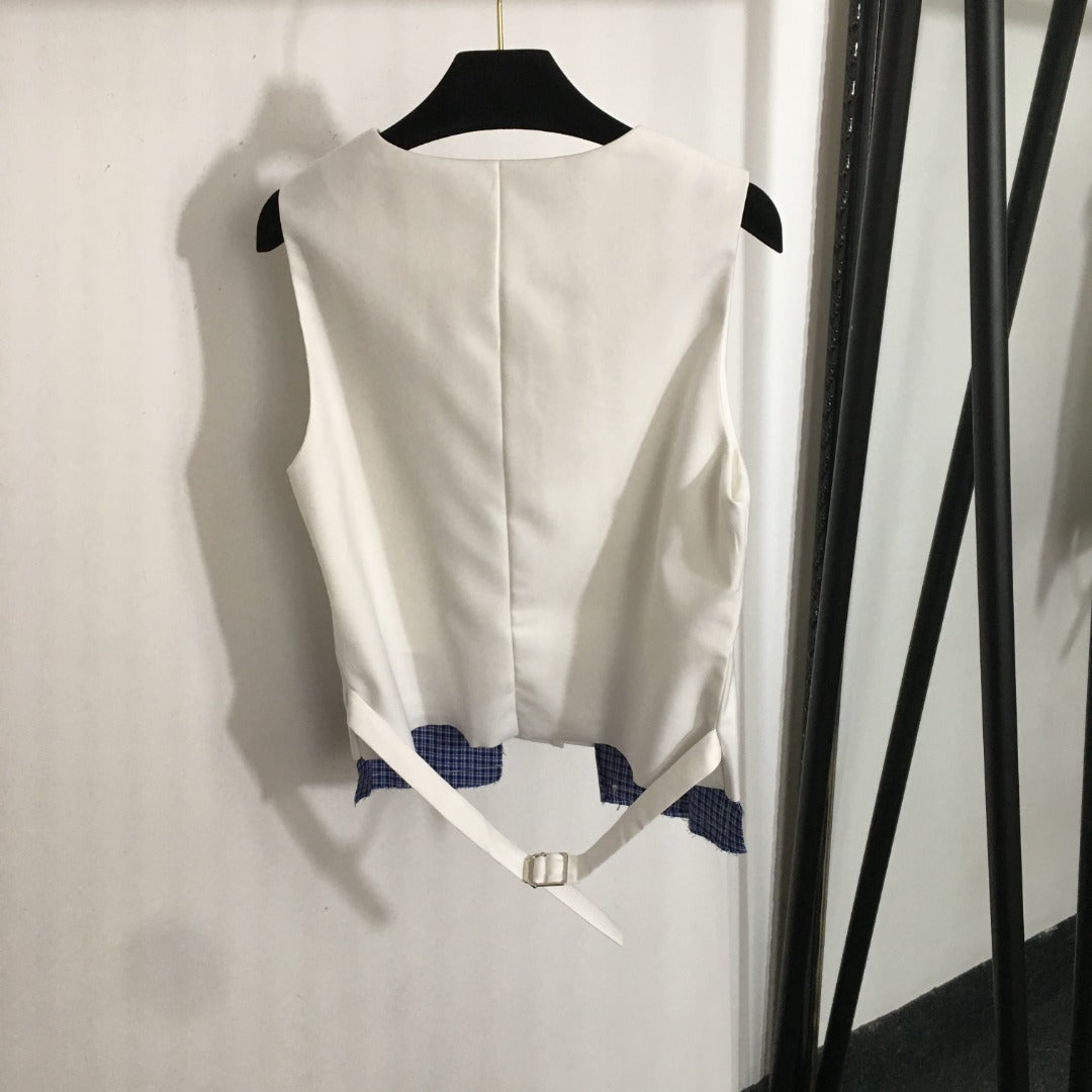 25 Summer new letter logo embroidered patch V-neck suit vest jacket + plaid splicing pleated short skirt suit