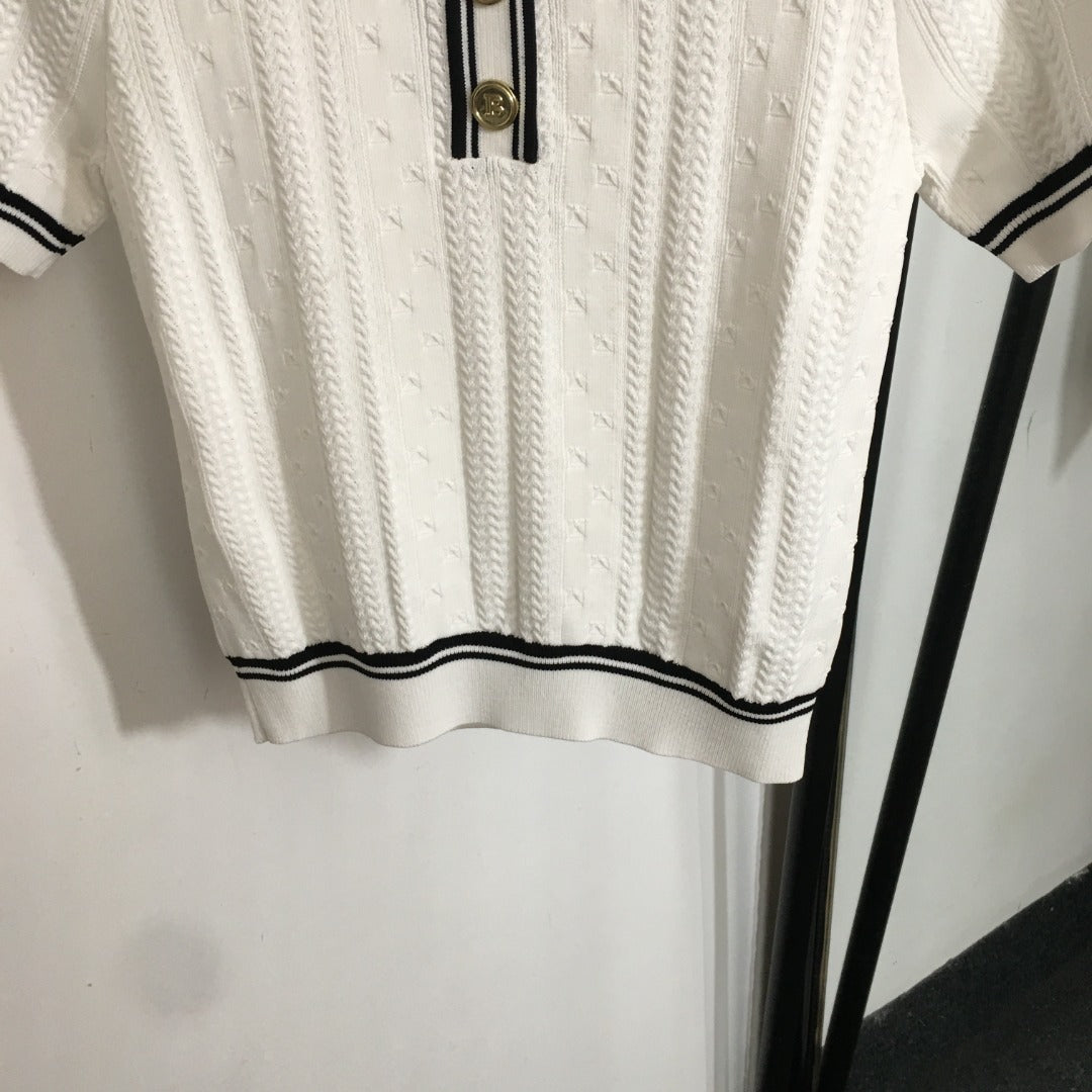 25 Summer new letter button color matching round neck short sleeve knitted sweater top
