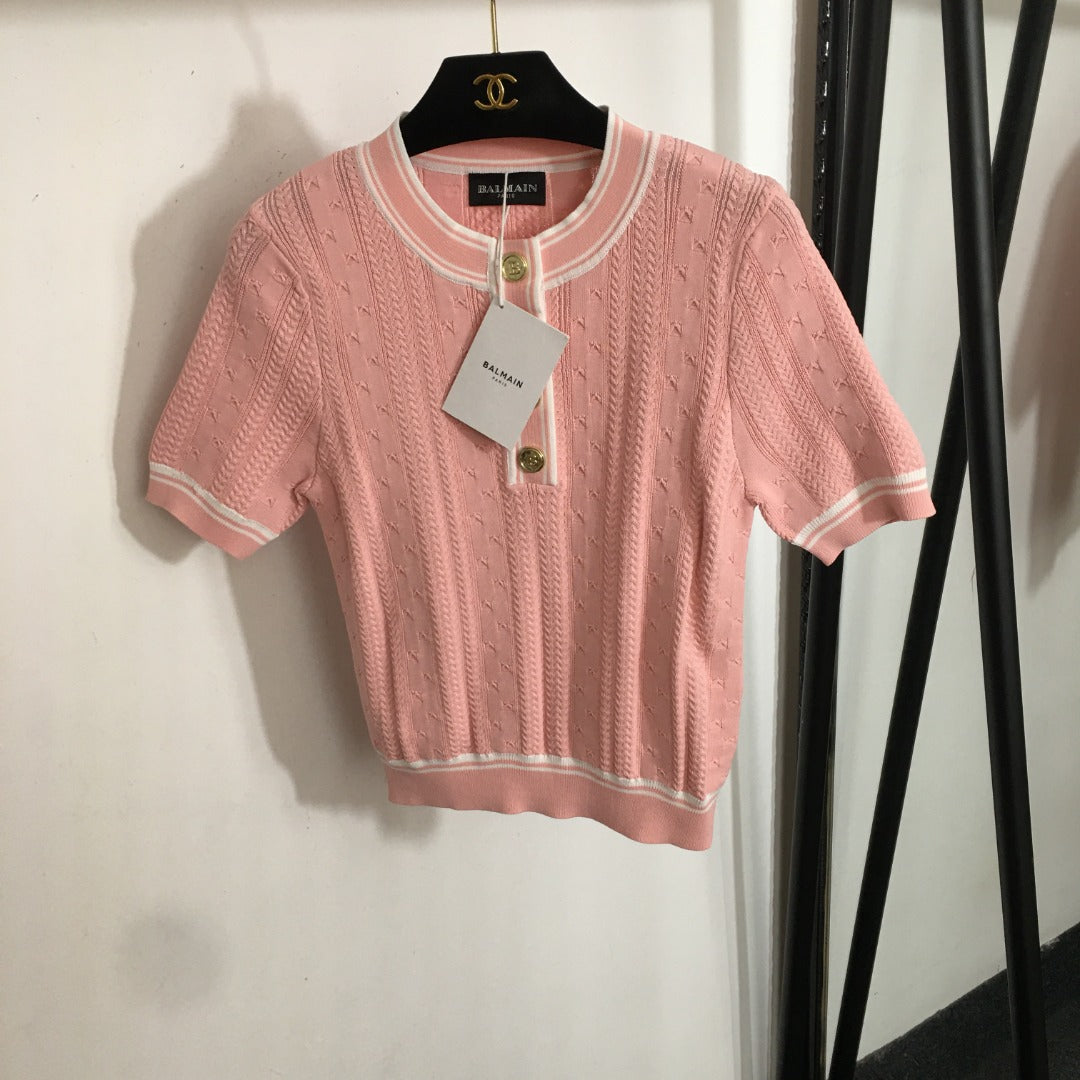 25 Summer new letter button color matching round neck short sleeve knitted sweater top