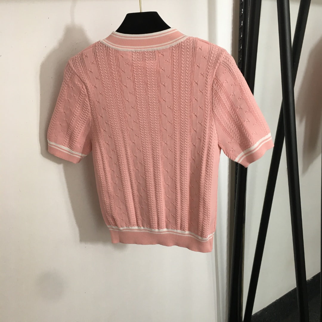 25 Summer new letter button color matching round neck short sleeve knitted sweater top