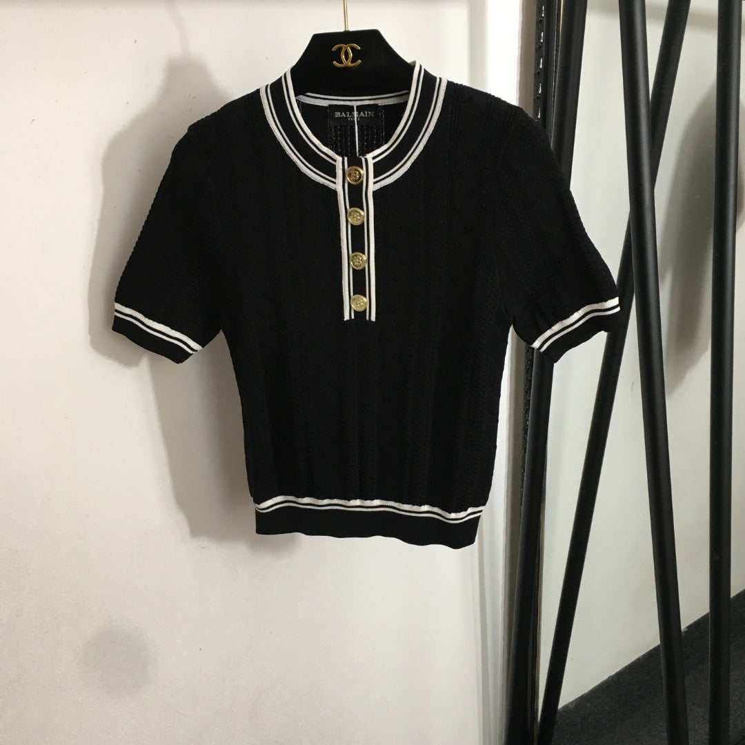 25 Summer new letter button color matching round neck short sleeve knitted sweater top
