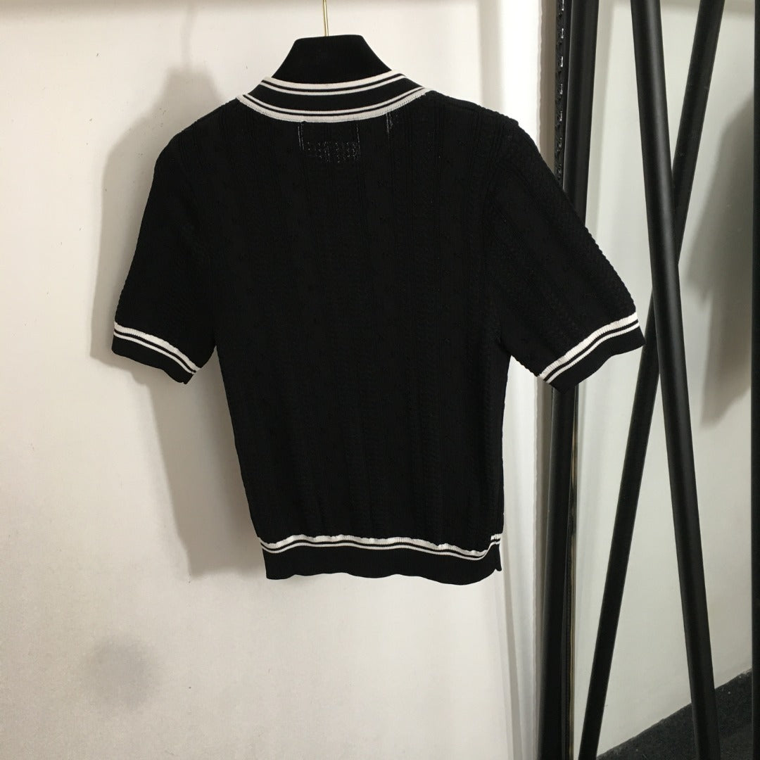 25 Summer new letter button color matching round neck short sleeve knitted sweater top