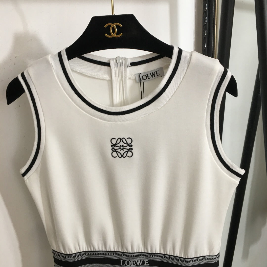 25 Summer new logo embroidered ribbon waist sleeveless vest dress