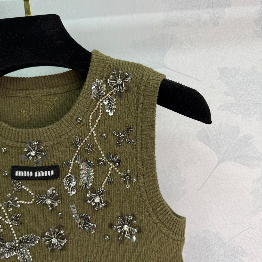 25ss Heavy industry nail bead rhinestone knitted vest