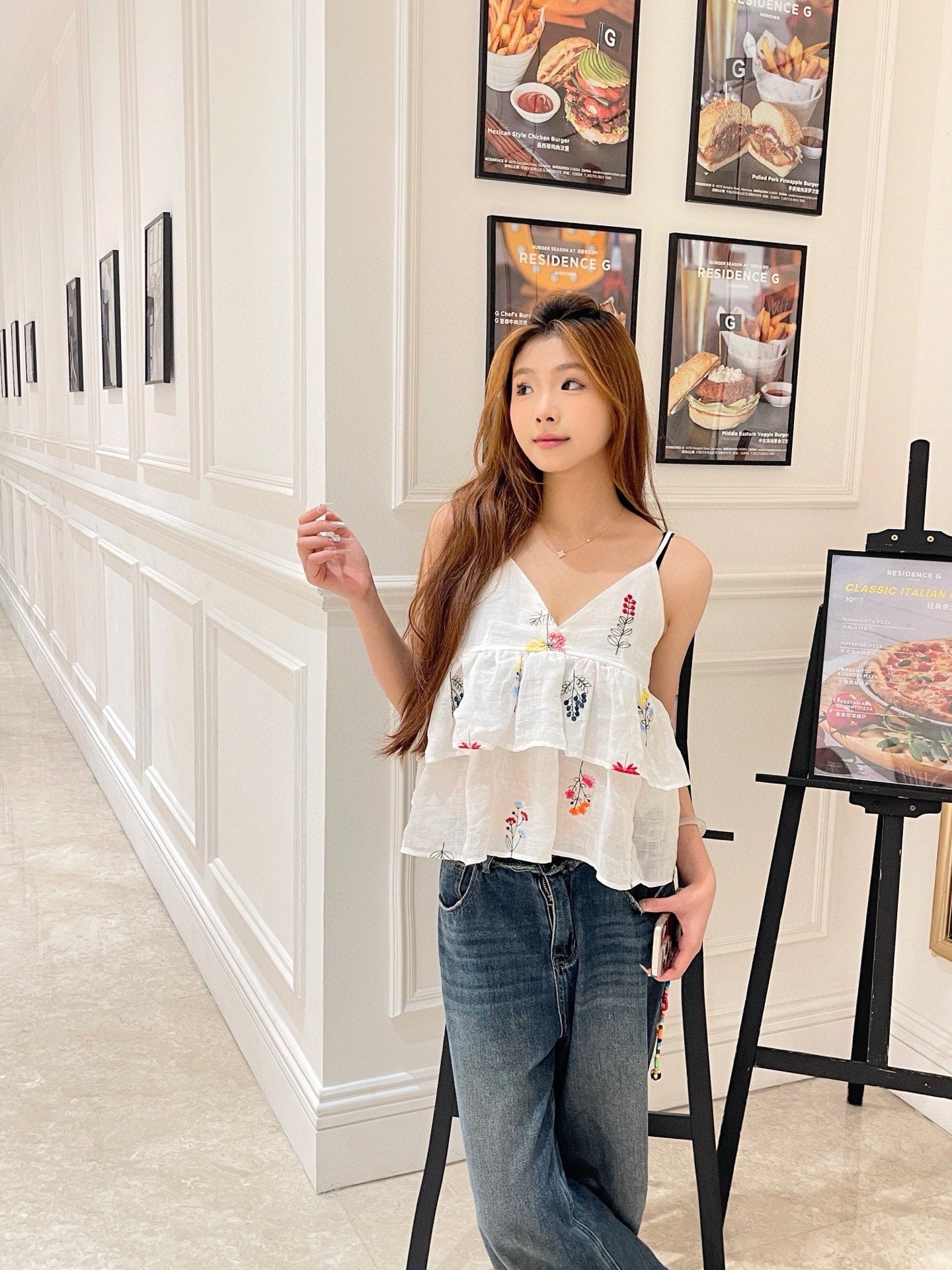 25 Summer new white color thread embroidery retro pure desire camisole