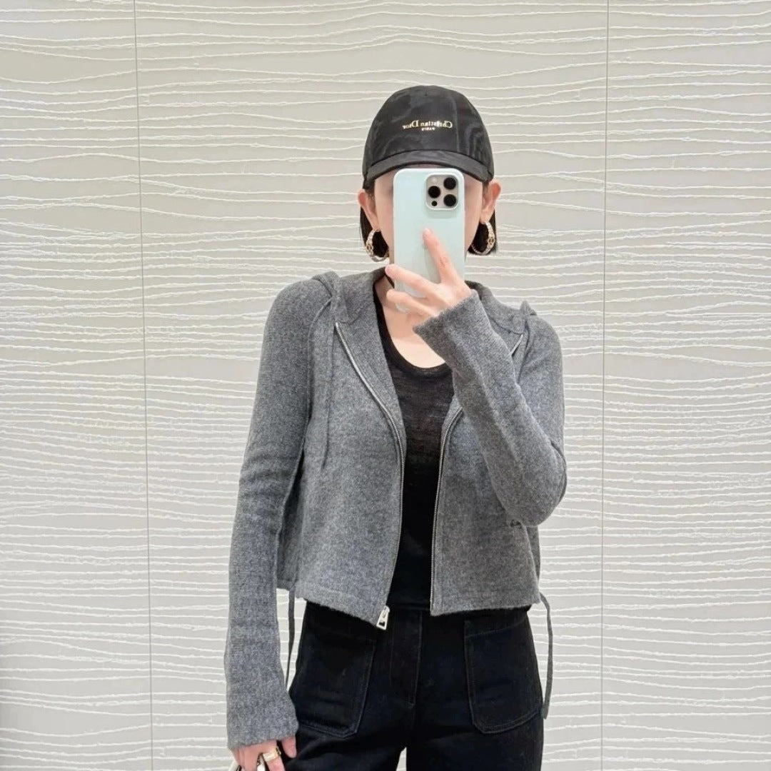 2025 Early Autumn New Hooded Long Sleeve Zipper Cardigan