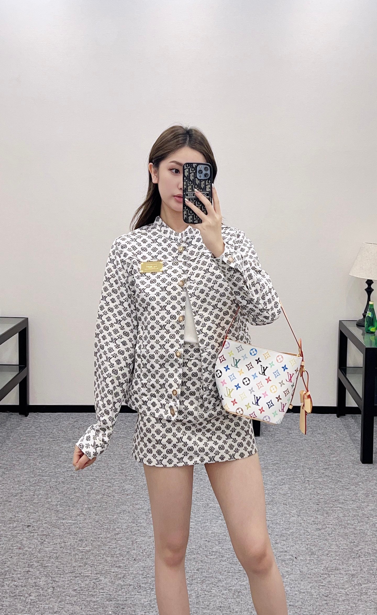 2025 Summer New Printed Denim Jacket Coat Short Skirt Suit