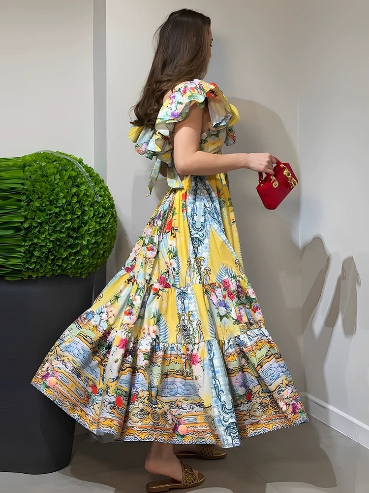 25 Summer new long printed back strap dress