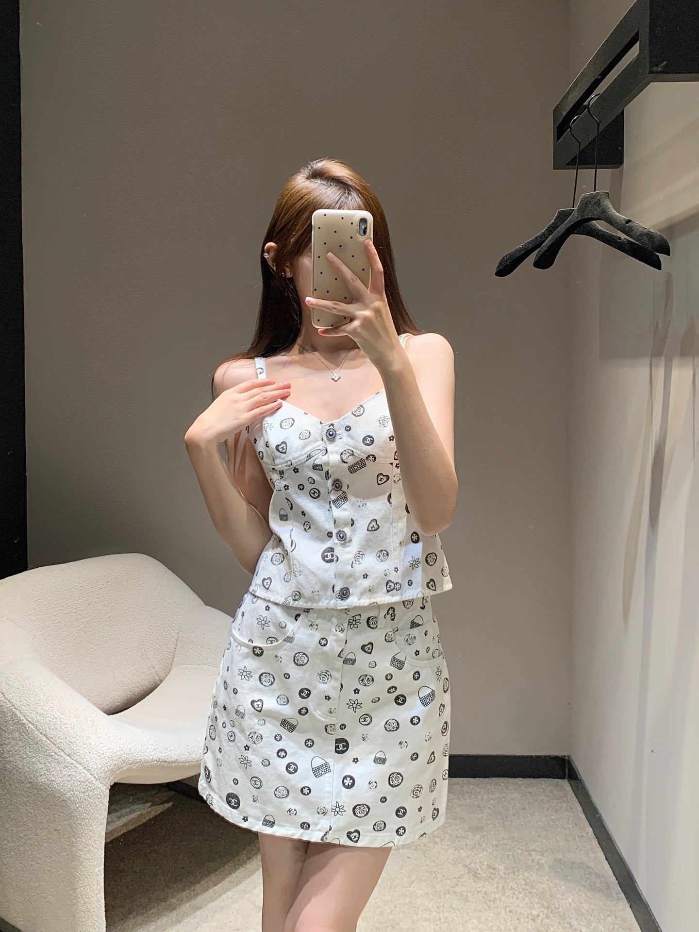 25Ss Spring and Summer New Style Printed Denim Tank Top + Short Skirt Set |