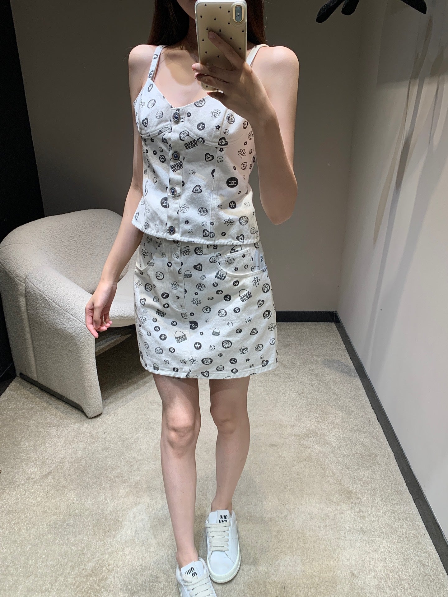 25Ss Spring and Summer New Style Printed Denim Tank Top + Short Skirt Set |