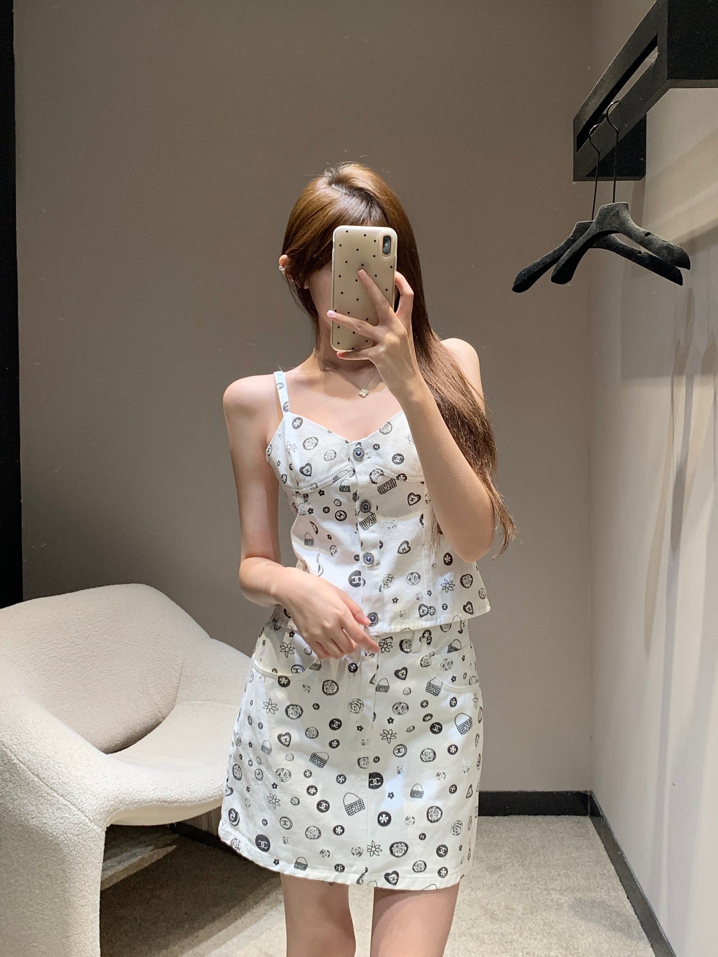 25Ss Spring and Summer New Style Printed Denim Tank Top + Short Skirt Set |