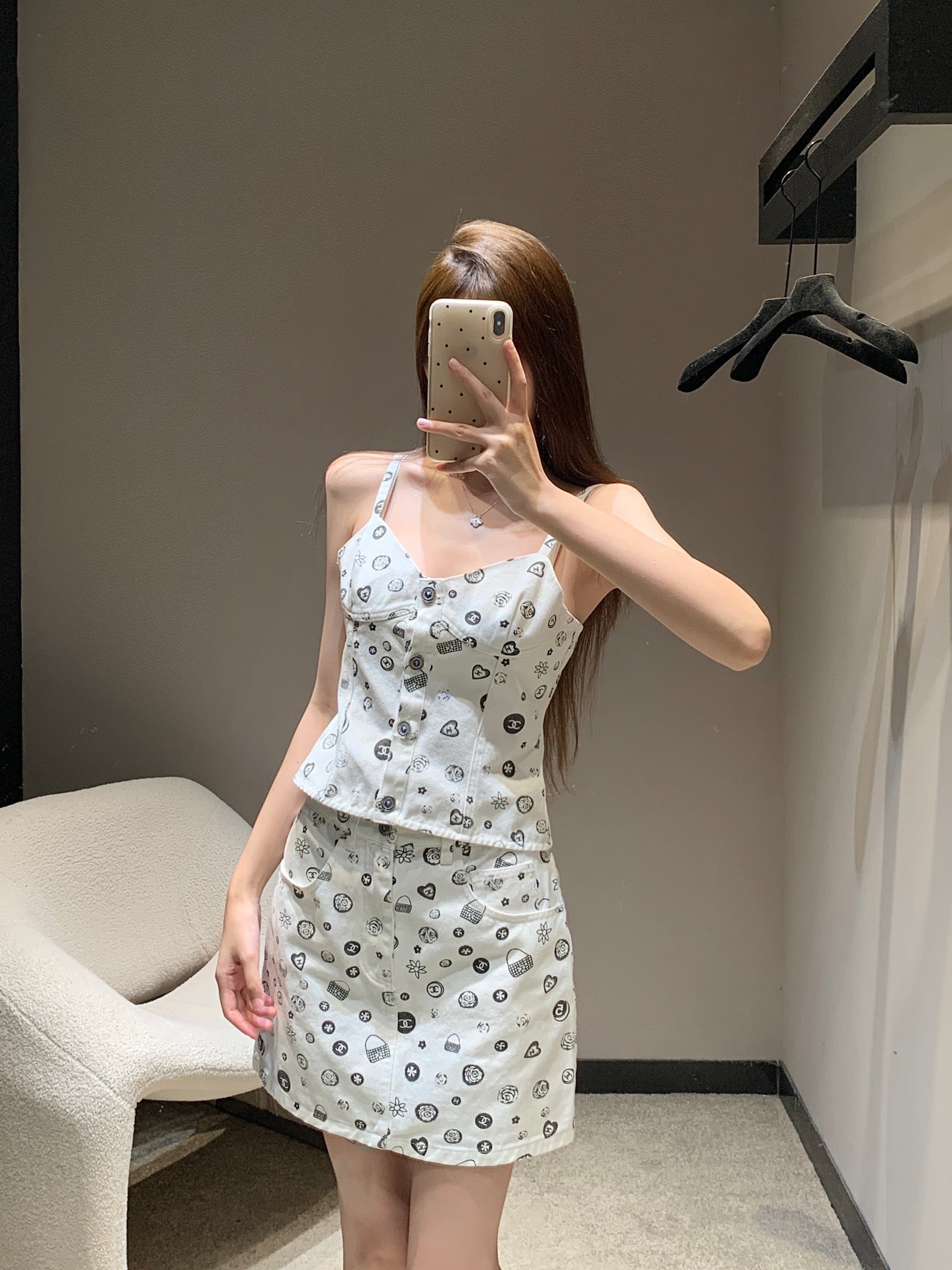 25Ss Spring and Summer New Style Printed Denim Tank Top + Short Skirt Set |
