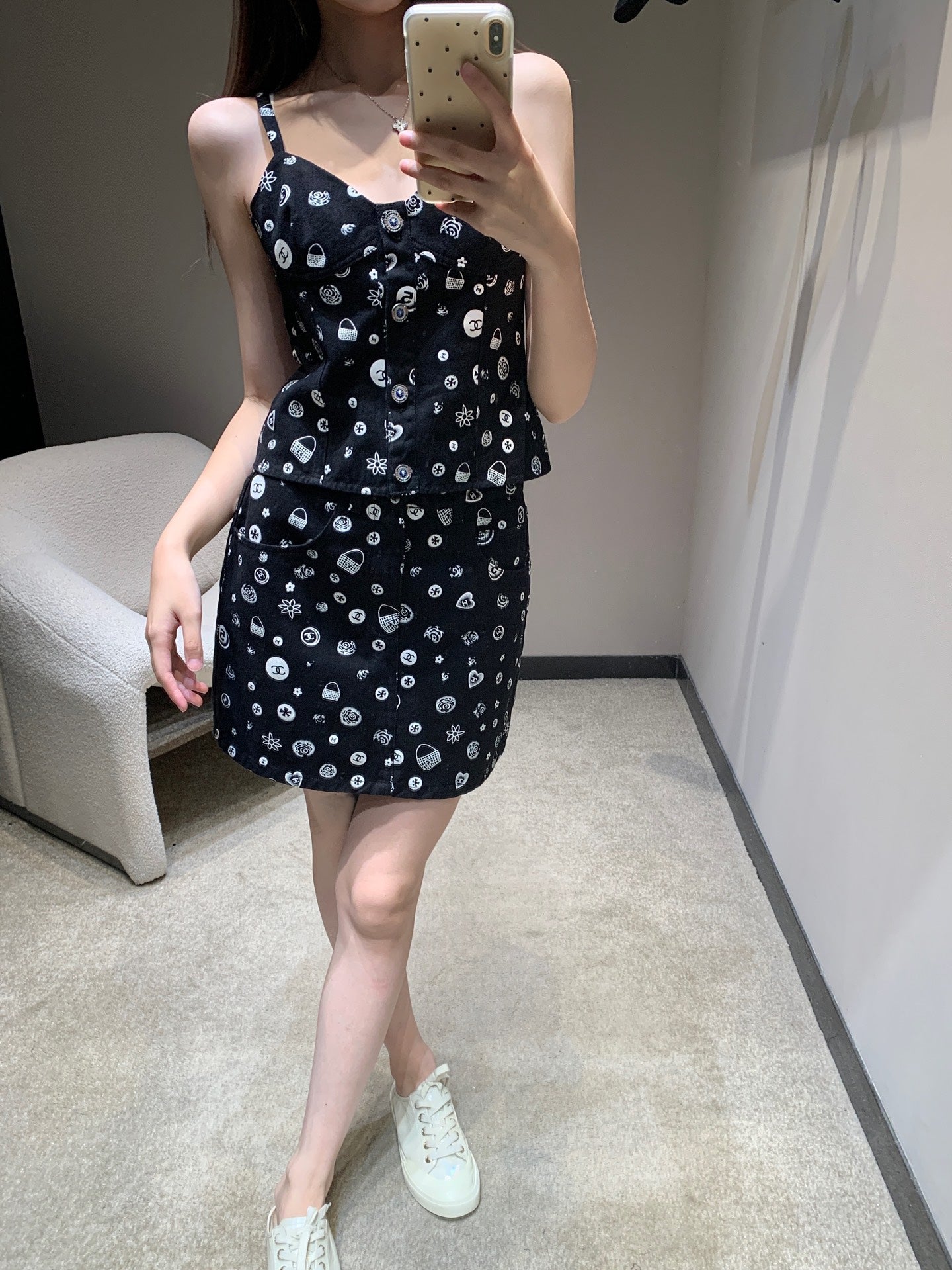 25Ss Spring and Summer New Style Printed Denim Tank Top + Short Skirt Set |