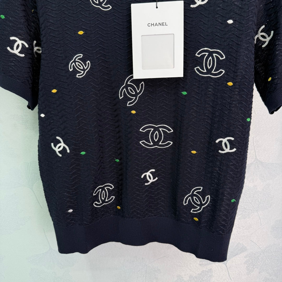 25ss Embroidered letter knitted short sleeved shirt
