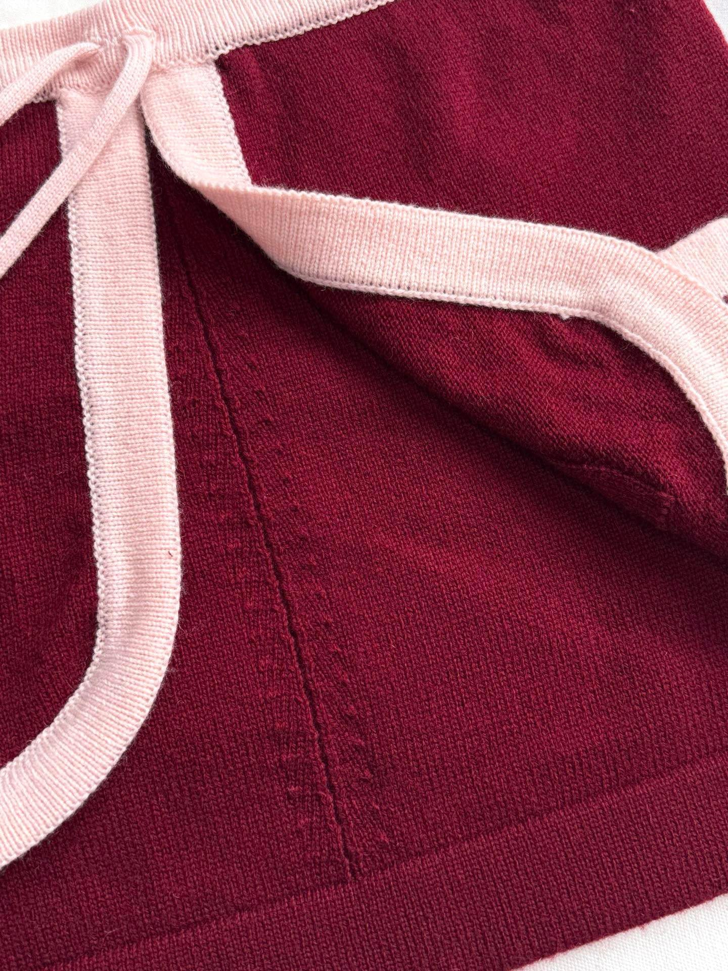 Pure wool, custom-colored and dyed, contrast-colored stitching, and camisole