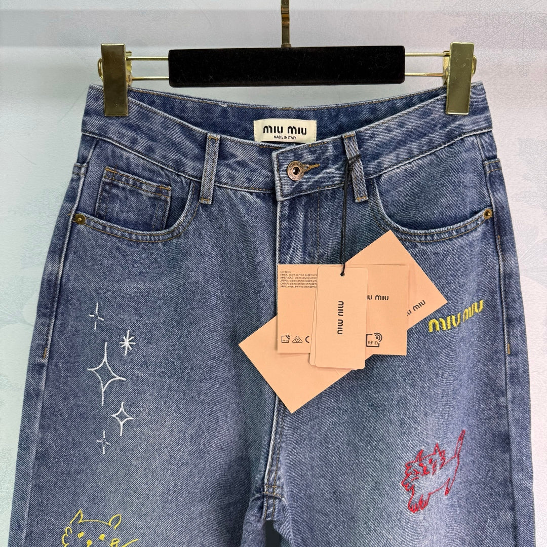 2025 Early Autumn New High Waist Embroidered Denim Pants