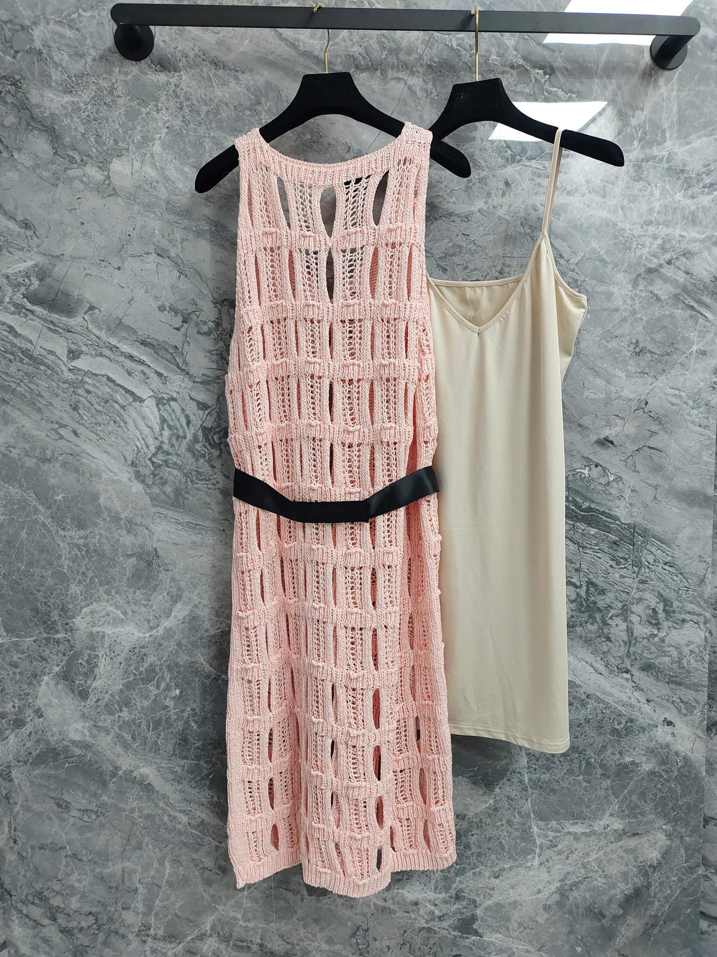 25 light pink knit cutout dress