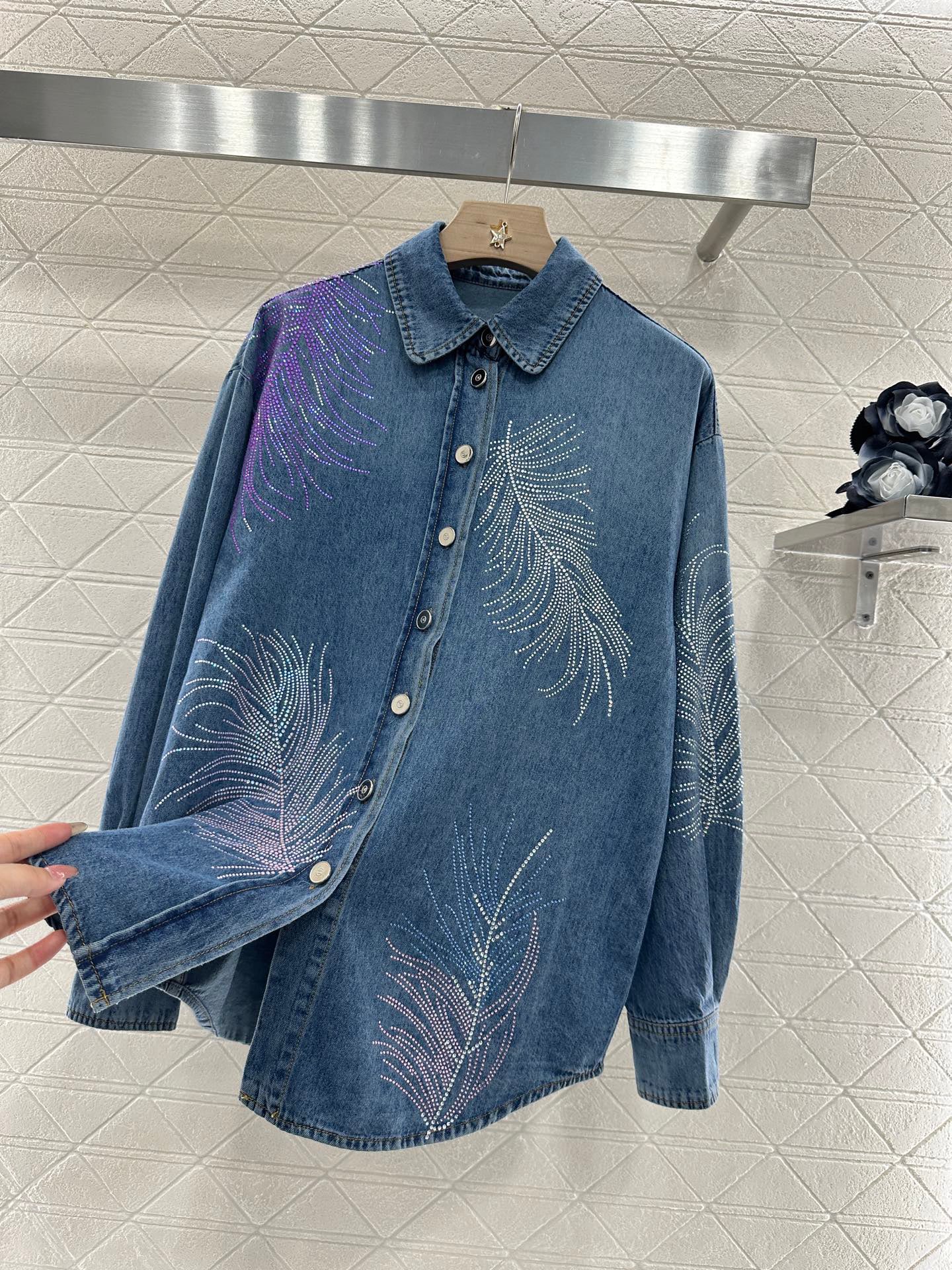 25 Feather Rhinestone Denim