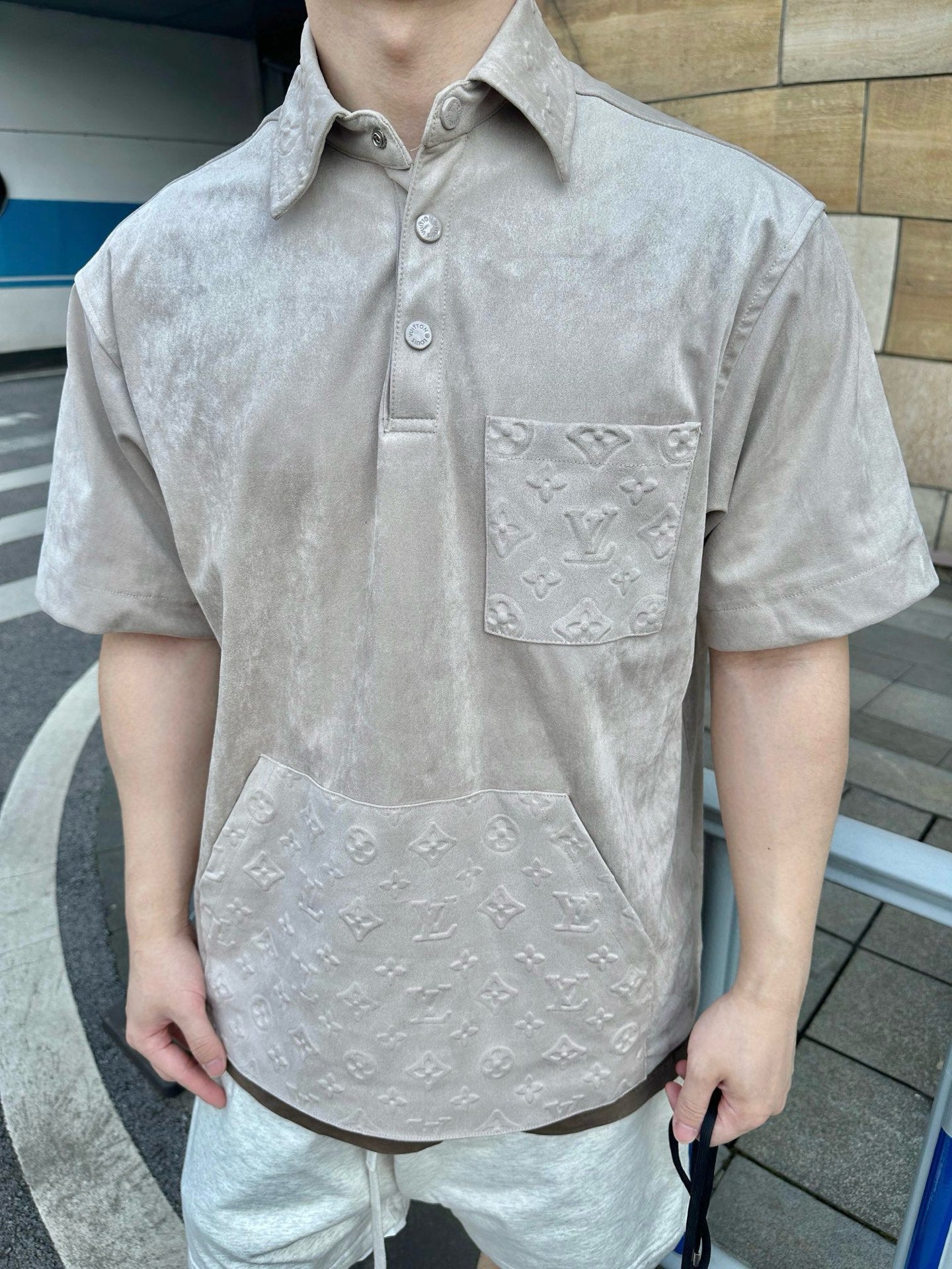 25 pocket vintage suede shirt with short sleeves