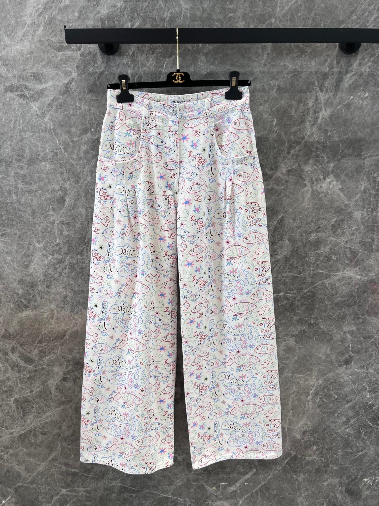 Early Spring Denim Trousers with Little Fish Print