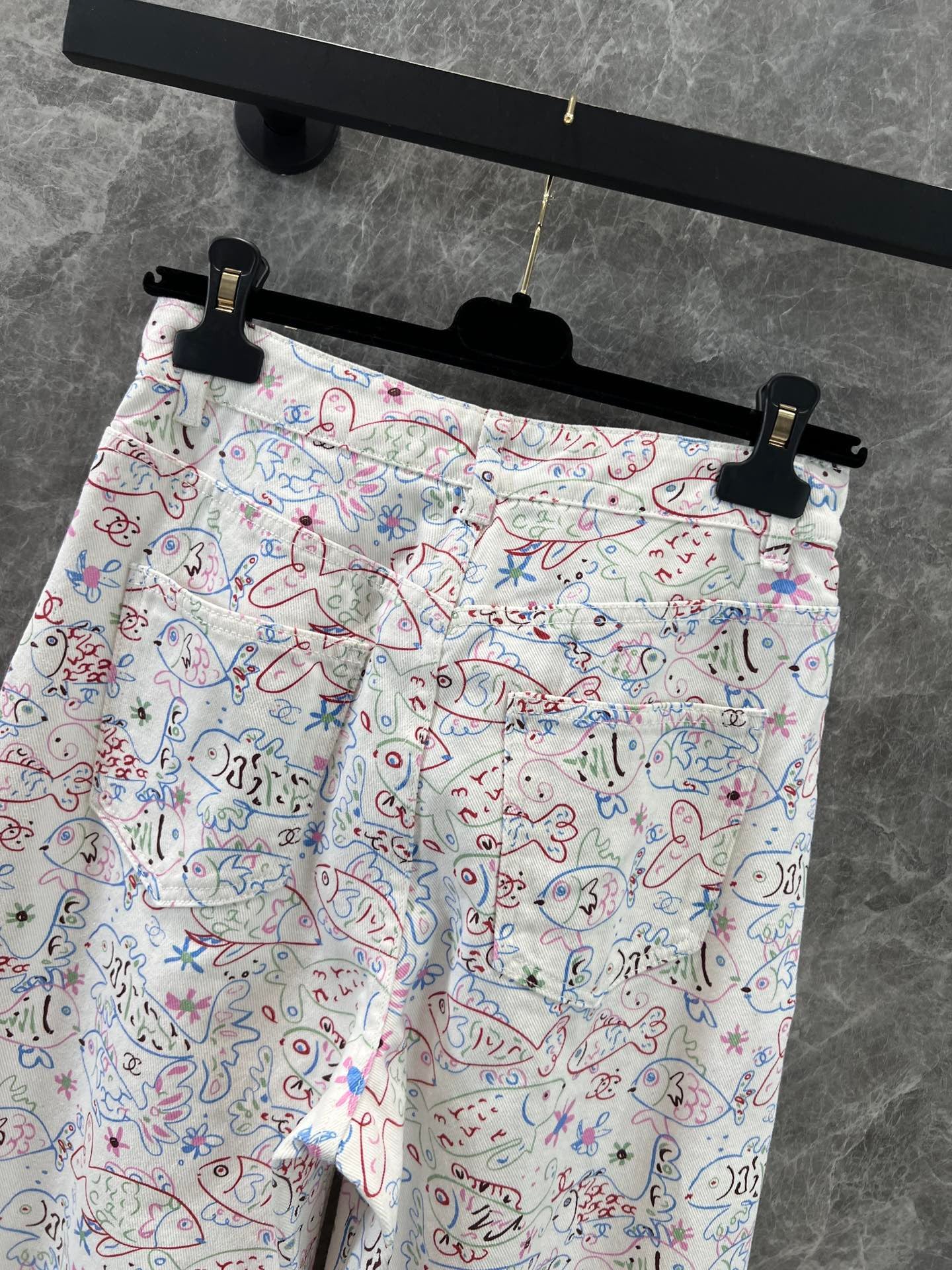 Early Spring Denim Trousers with Little Fish Print