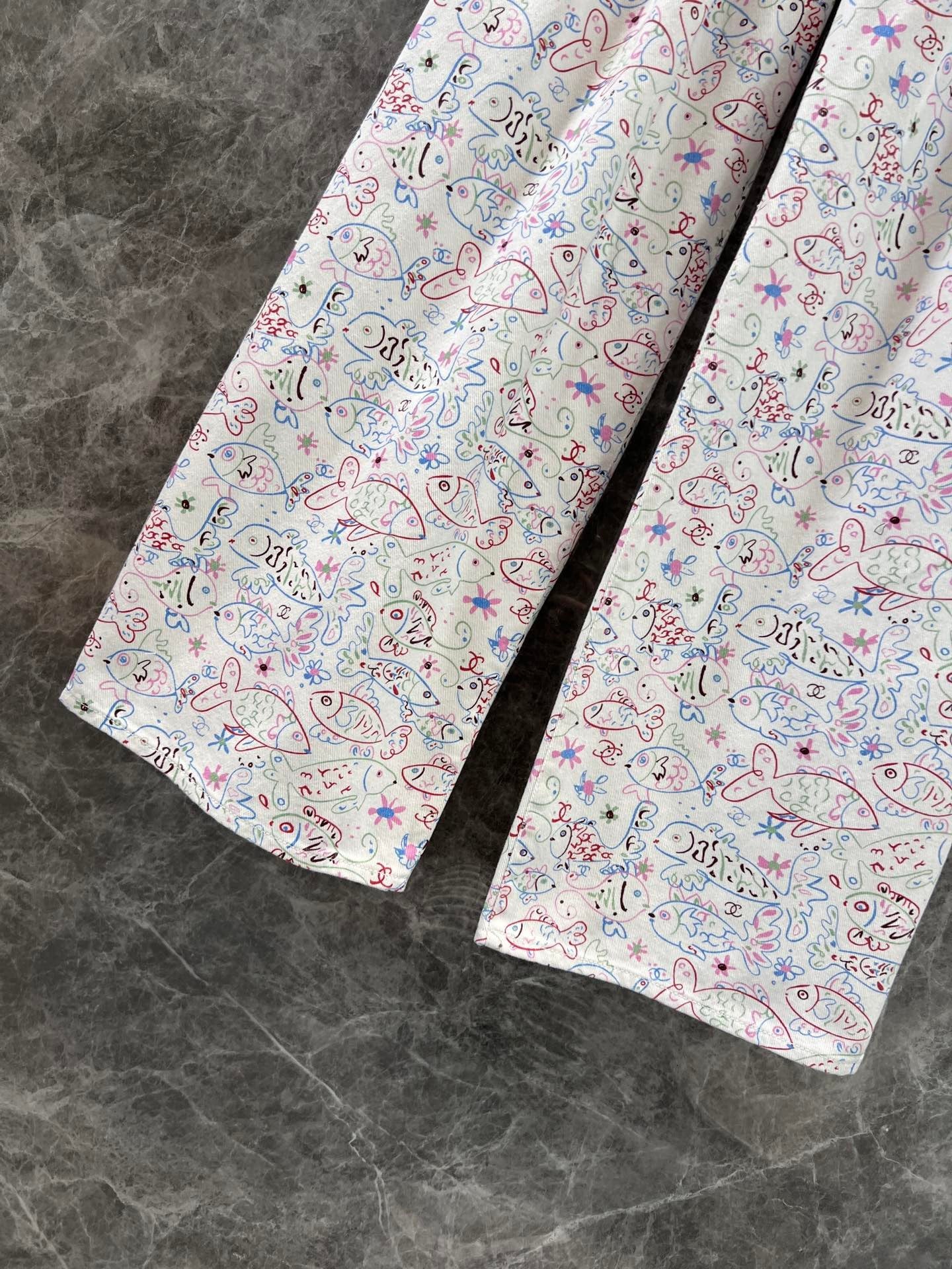 Early Spring Denim Trousers with Little Fish Print