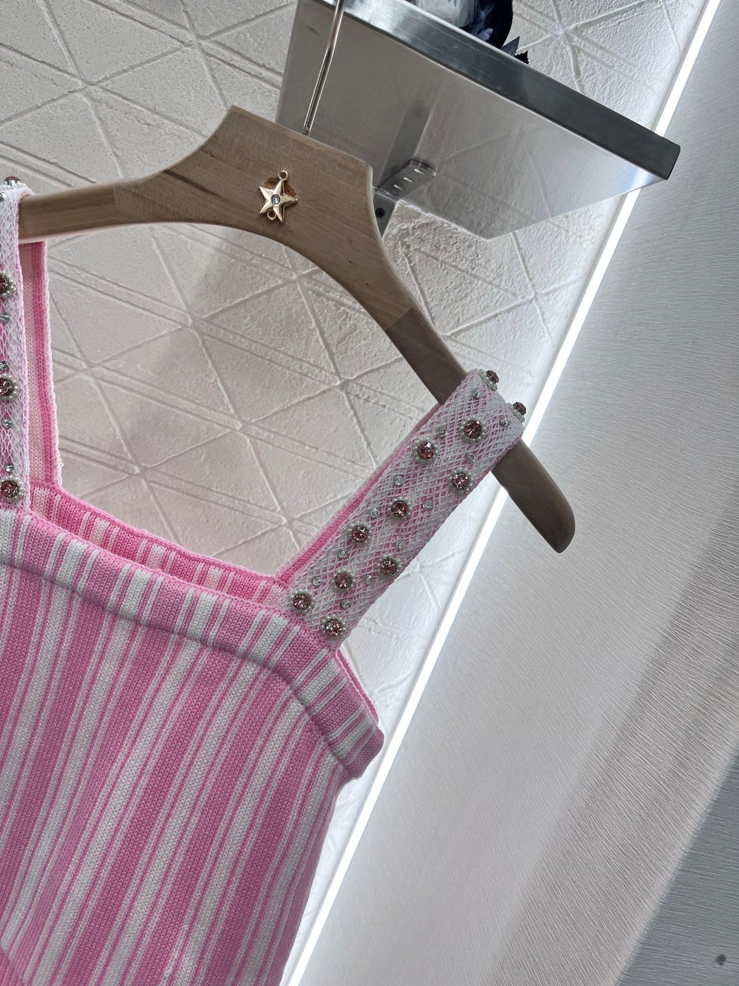 25 new Pink Striped Knit Tank with Pearl-Strap Detail