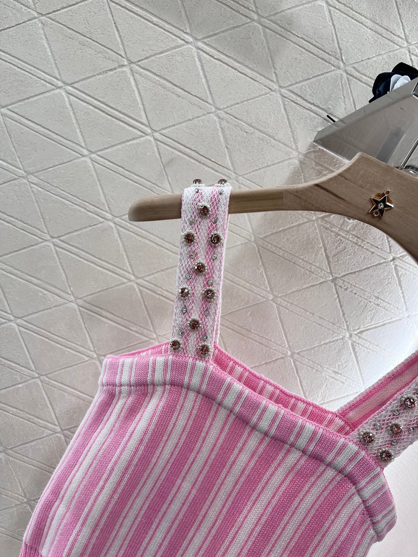 25 new Pink Striped Knit Tank with Pearl-Strap Detail
