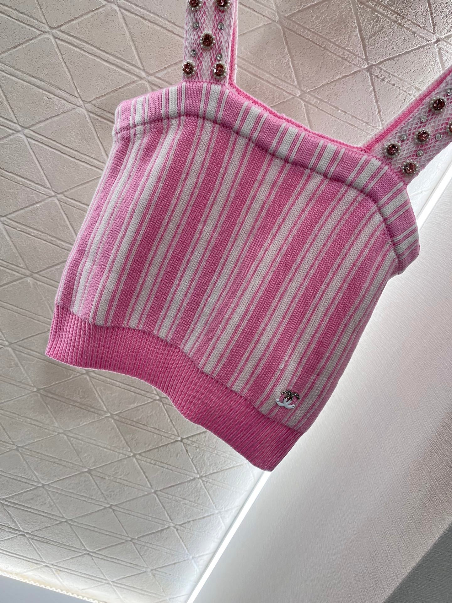 25 new Pink Striped Knit Tank with Pearl-Strap Detail