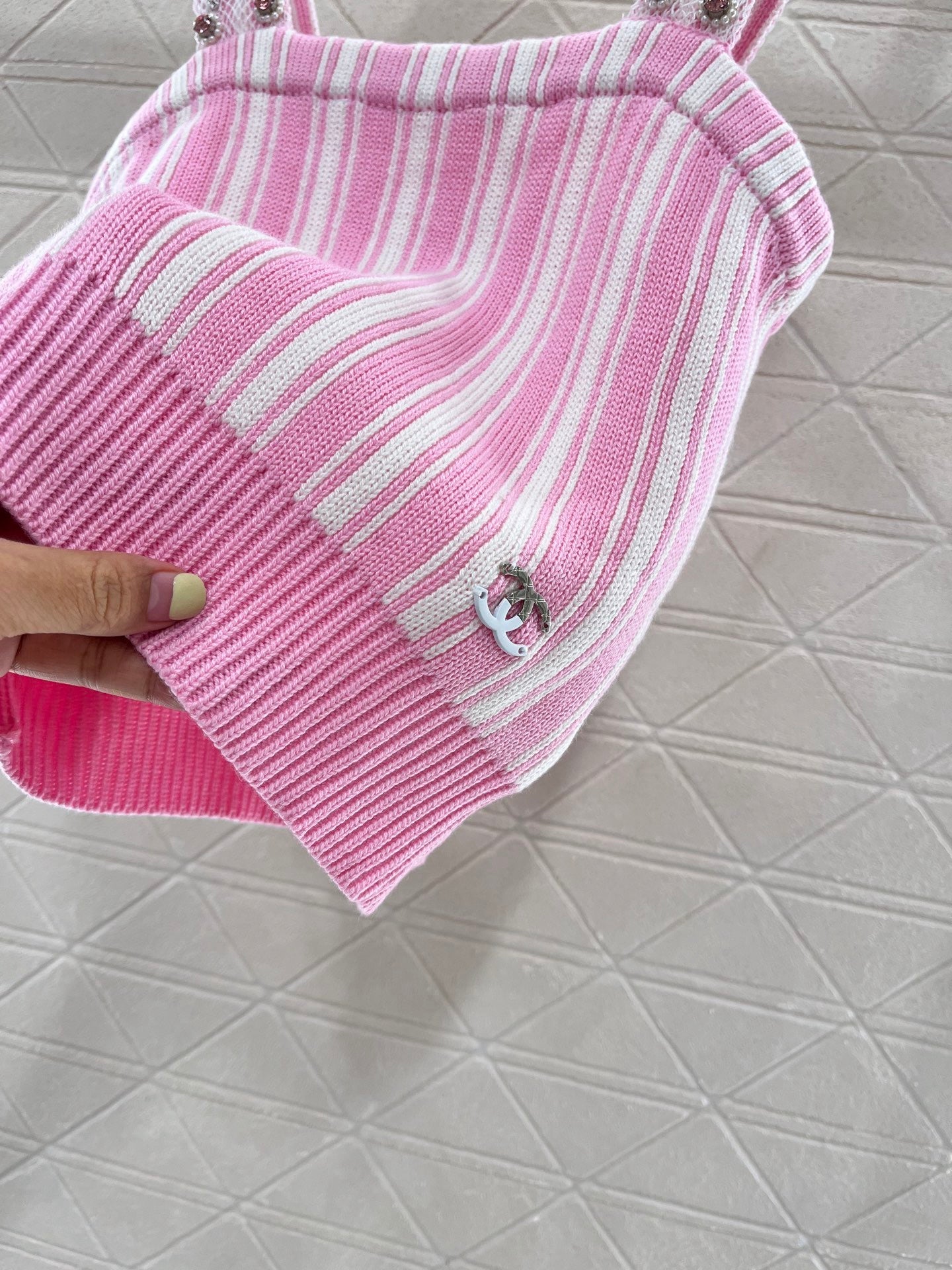 25 new Pink Striped Knit Tank with Pearl-Strap Detail