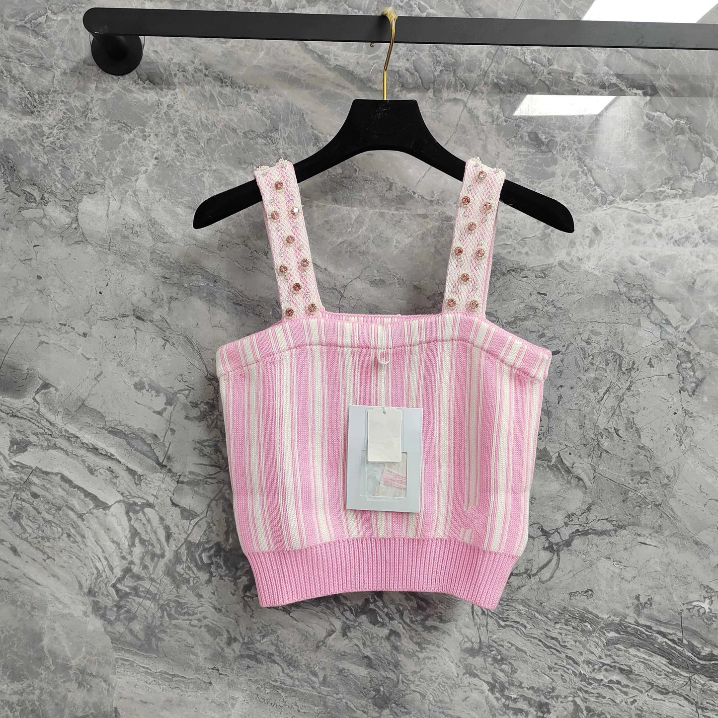 25 new Pink Striped Knit Tank with Pearl-Strap Detail