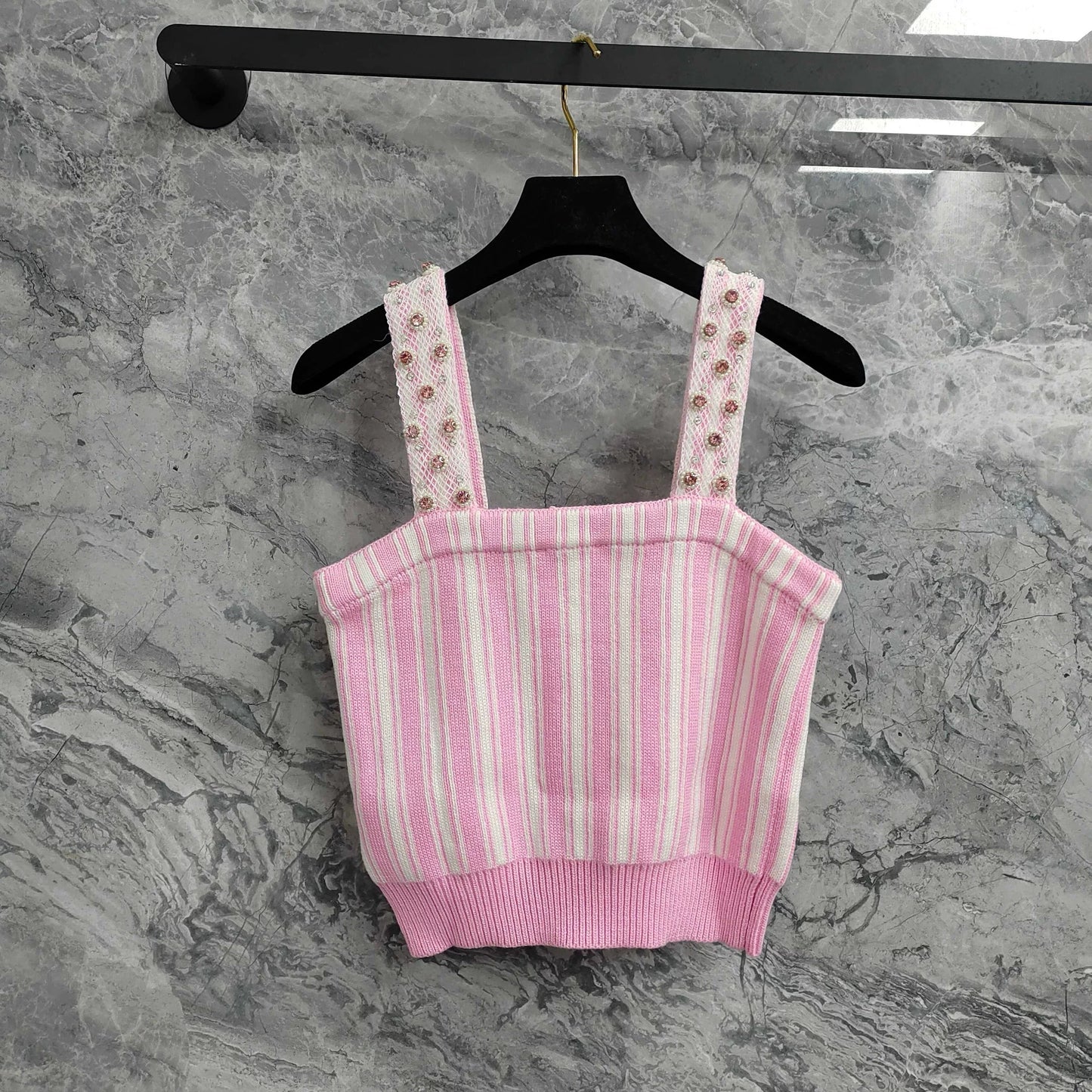 25 new Pink Striped Knit Tank with Pearl-Strap Detail