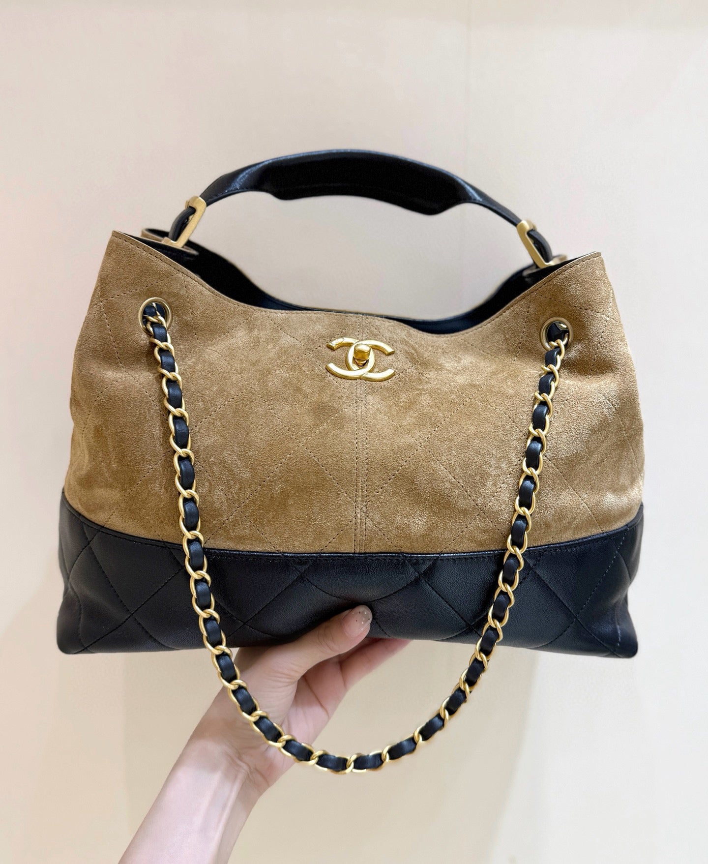 25A Shopping And Bowling Hobo Bags 36cm Brown Suede Black Lambskin