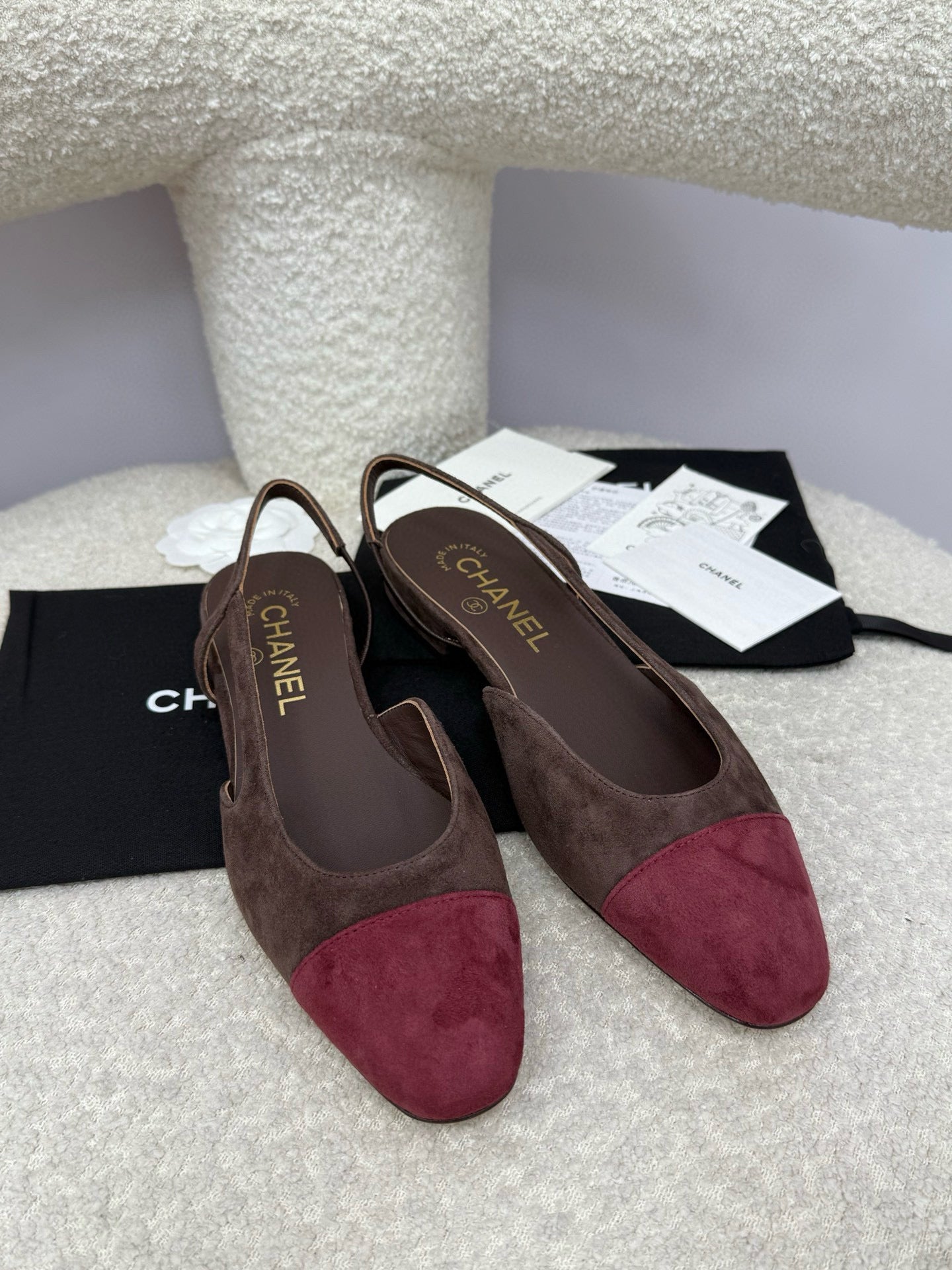 25A Slingback Flat Chocolate Dark Red Suede
