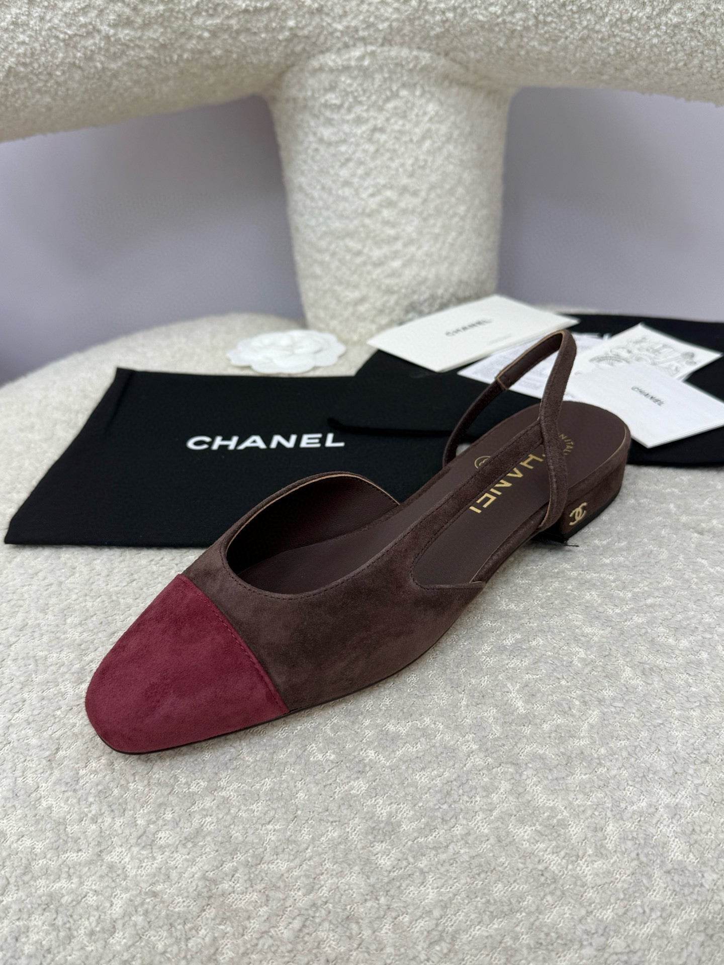 25A Slingback Flat Chocolate Dark Red Suede