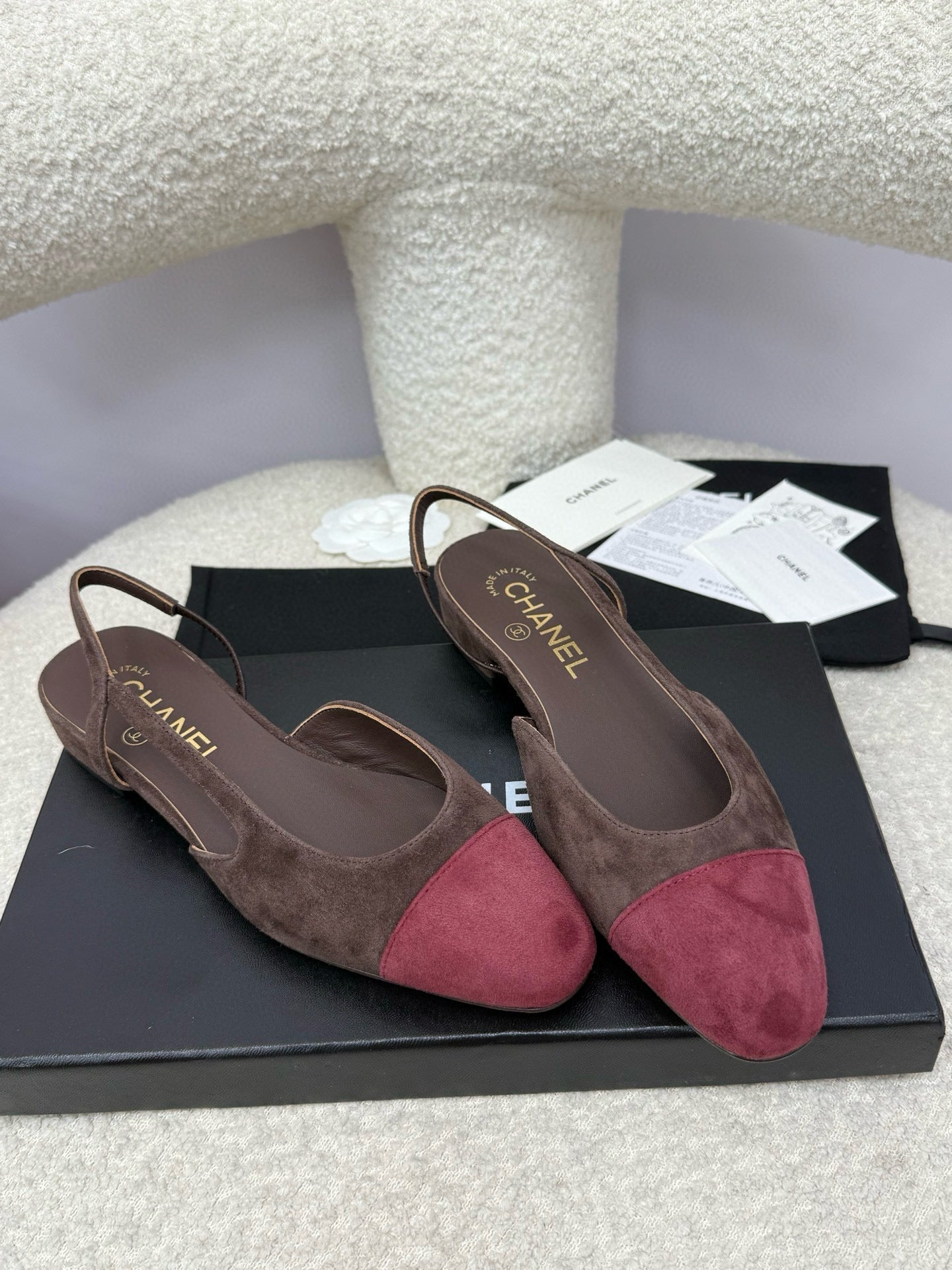 25A Slingback Flat Chocolate Dark Red Suede