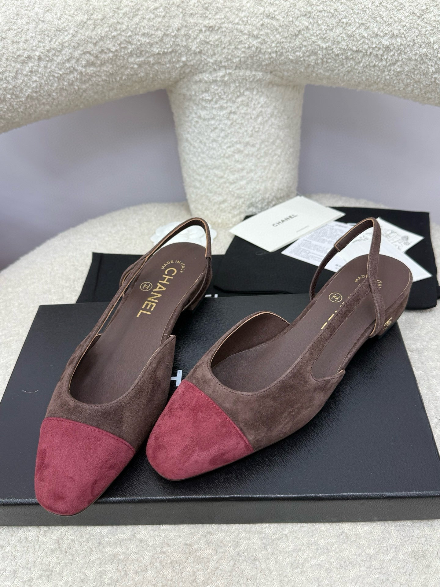 25A Slingback Flat Chocolate Dark Red Suede