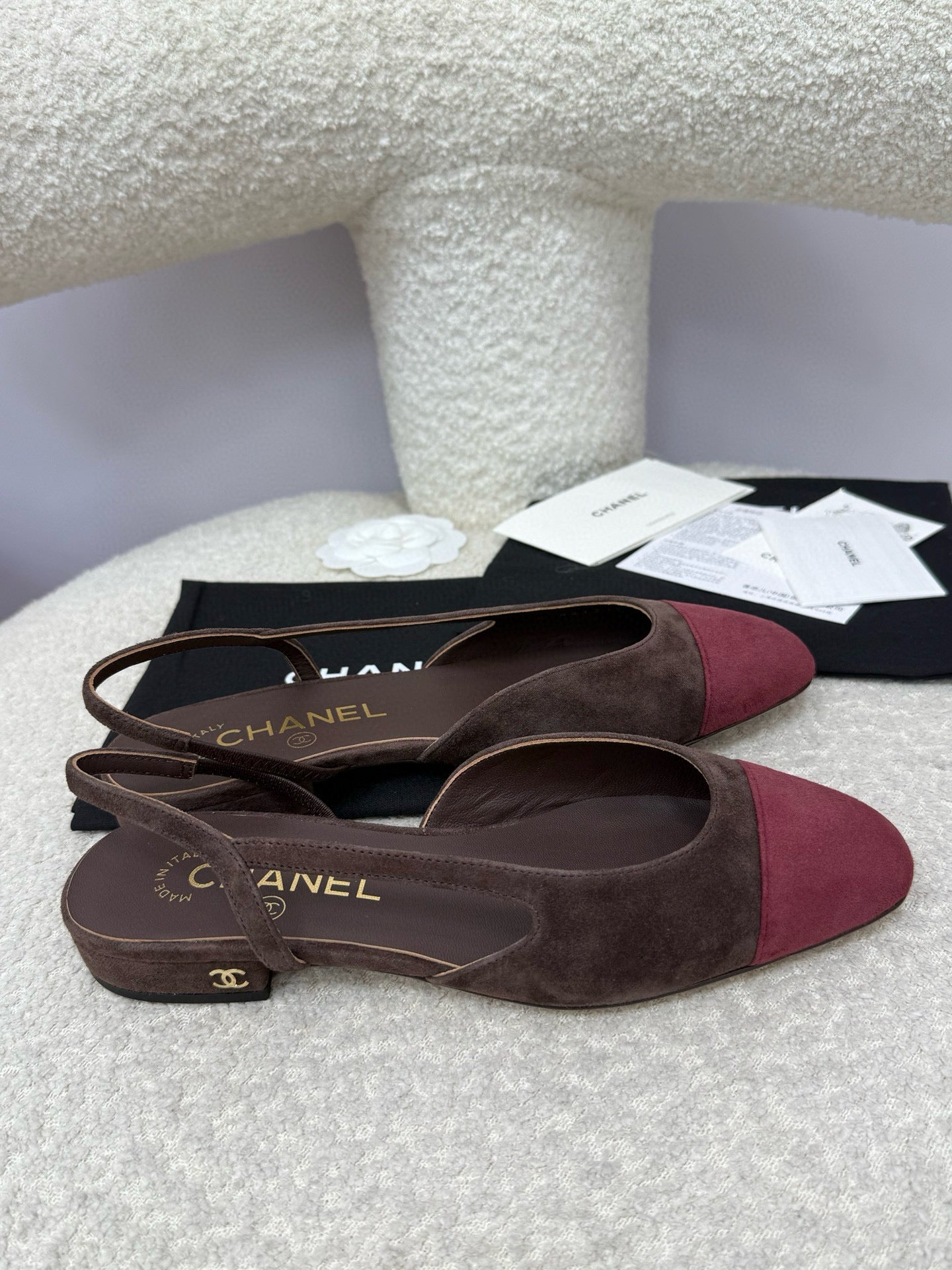 25A Slingback Flat Chocolate Dark Red Suede