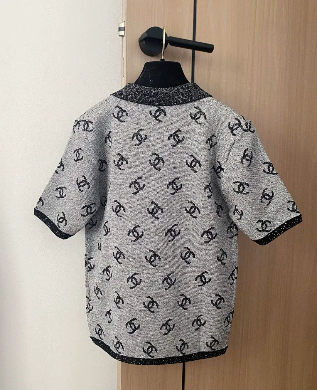 C 25 new color clashing pattern lapel short sleeve knitting