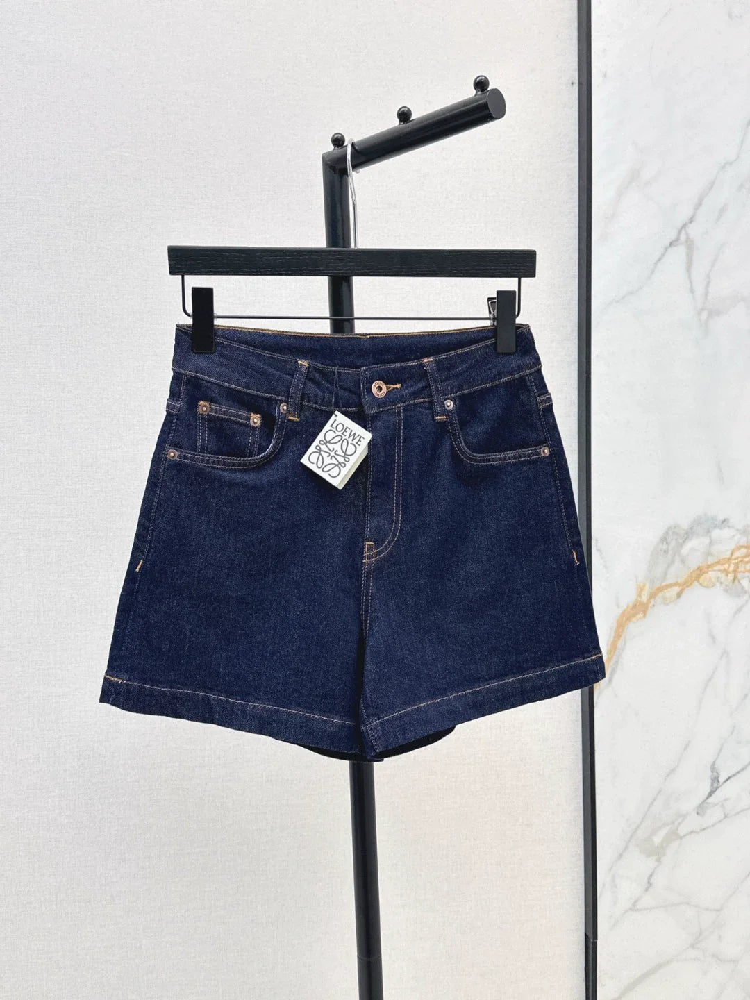25 Latest Classic Monogrammed Leather Tag Embellished Denim Shorts ( Large Size )