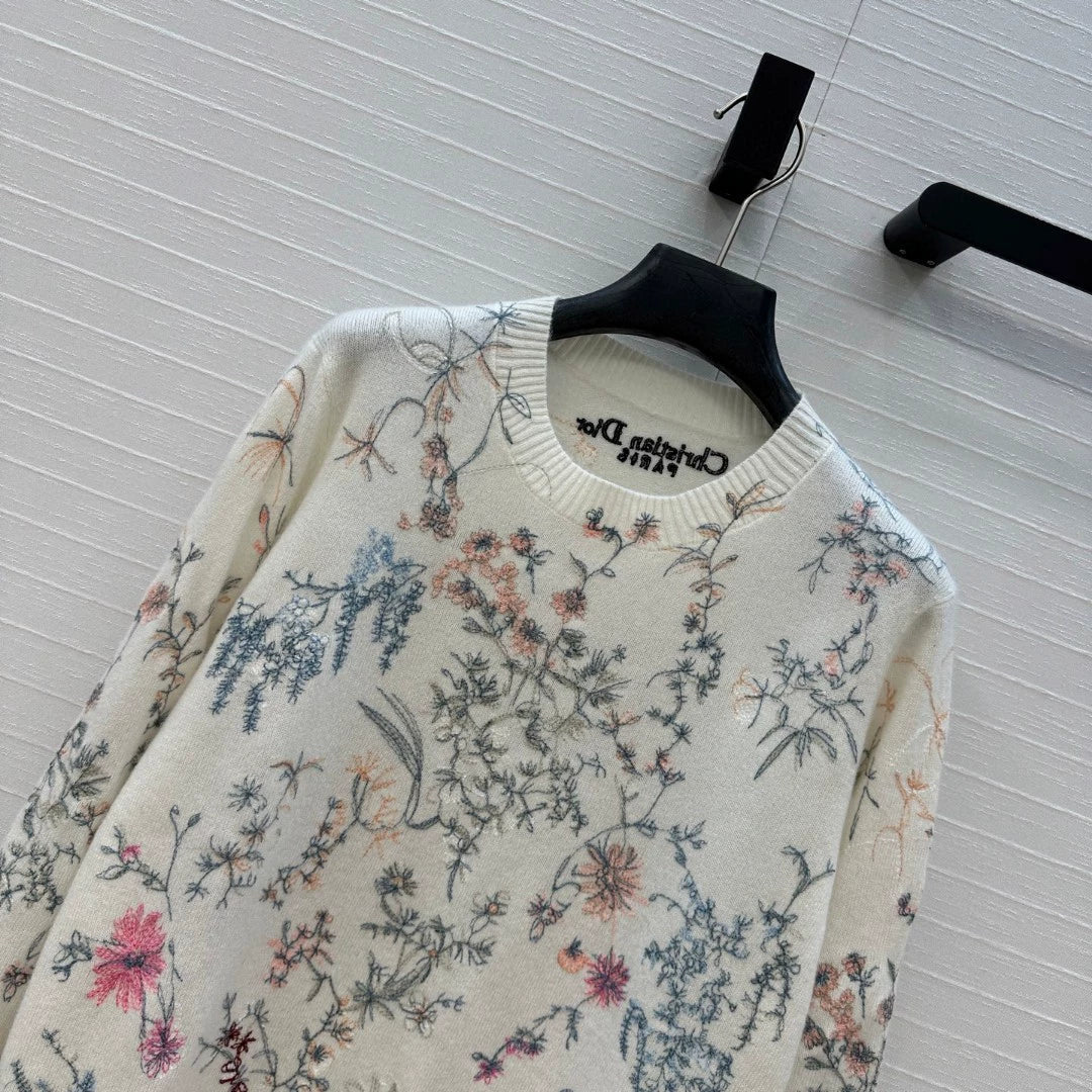 25 new cashmere sweater with plant and flower embroidery