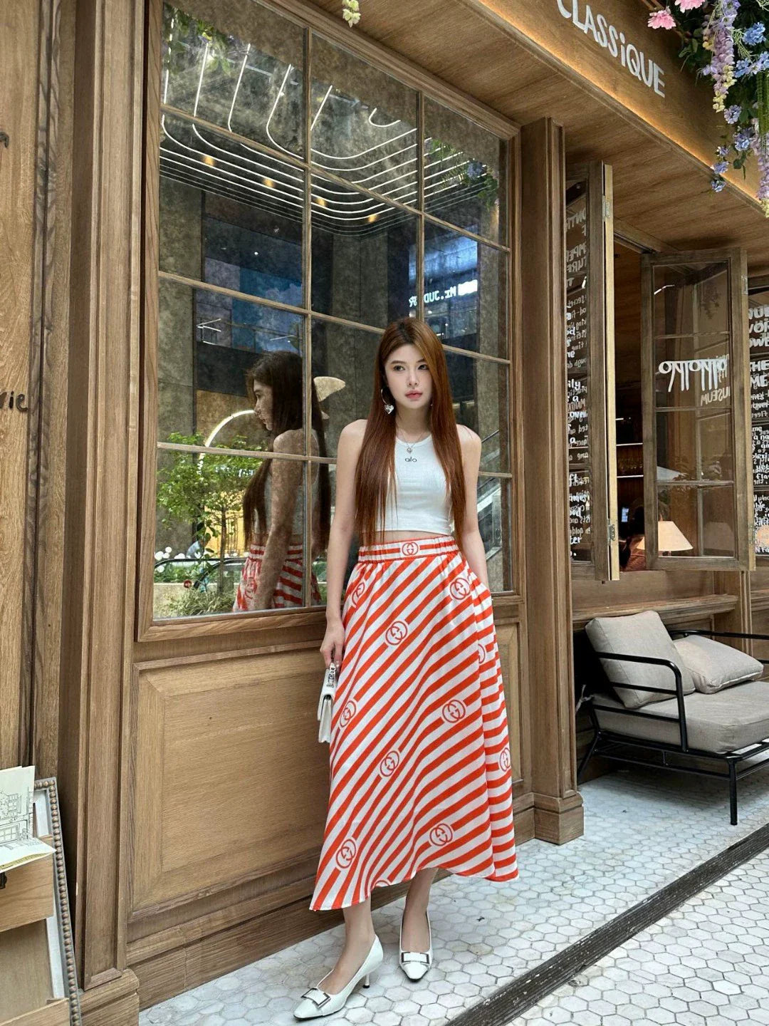 G 25 New Clashing Color Stripe Letter Half Skirt(brown orange)