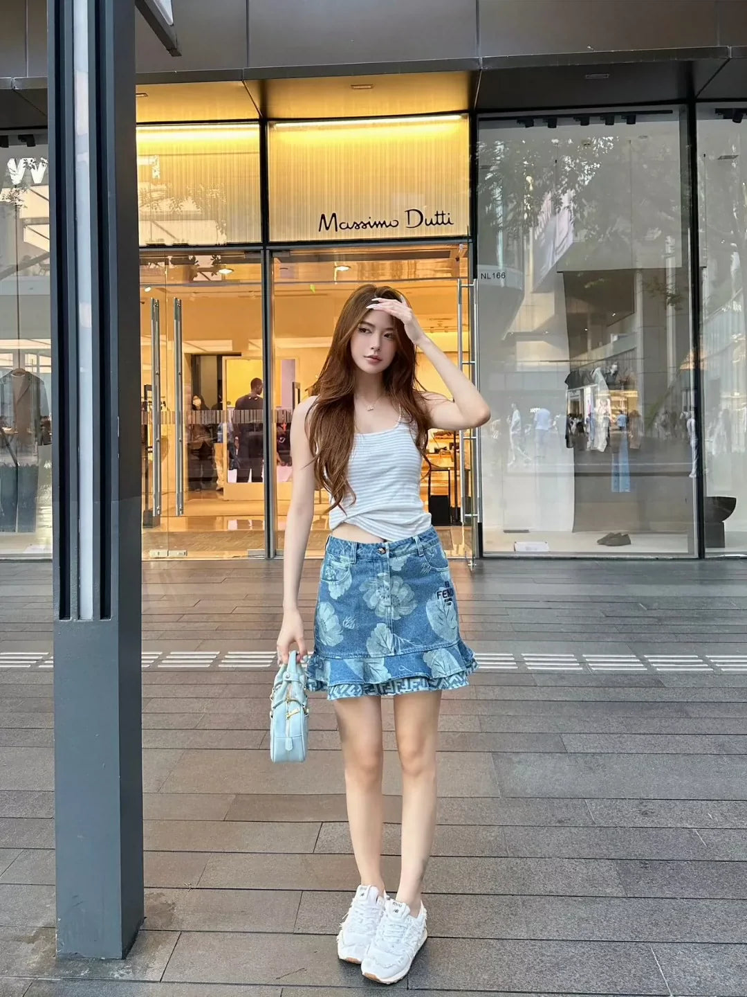 F 25 New Embroidered Printed Ruffle Hem Denim Skirt