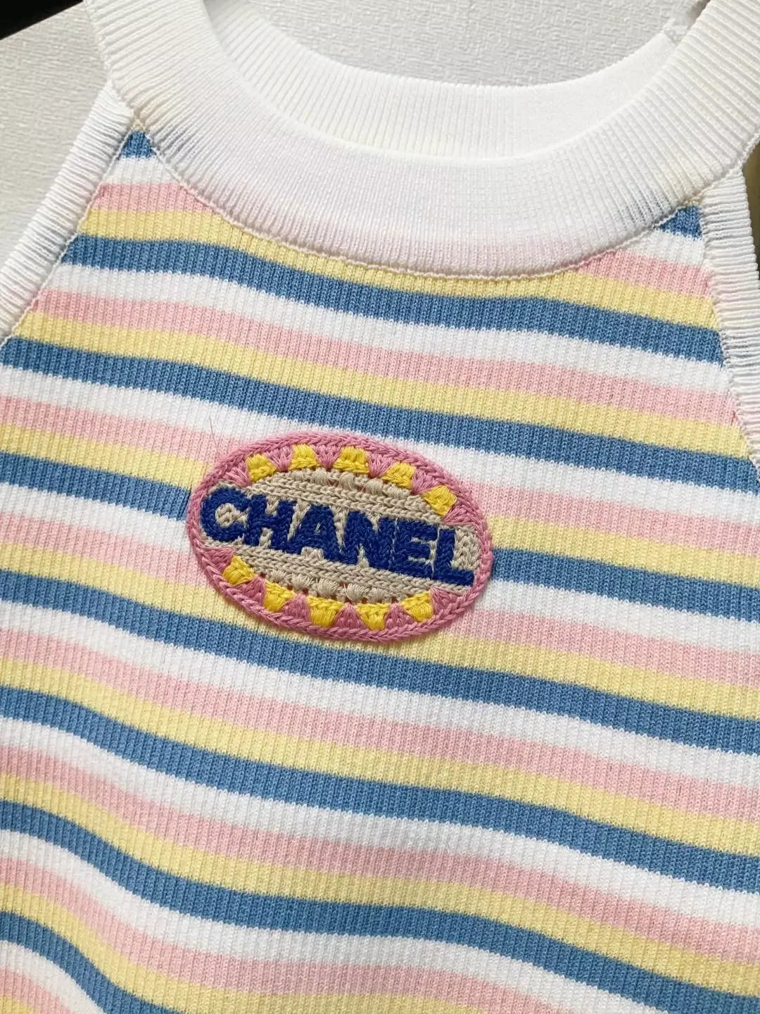 C 25 New Chest Letter Patch Embroidery Color Block Stripe Round Neck Knit Neck Cami Tank Top