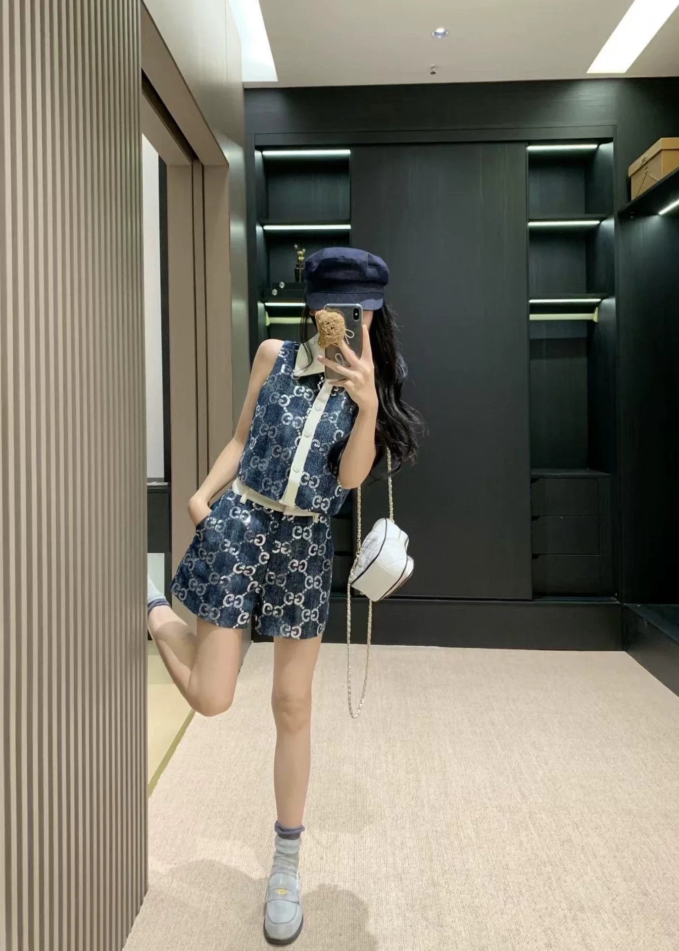 G 25 Denim beaded embroidered patchwork vest ➕shorts set