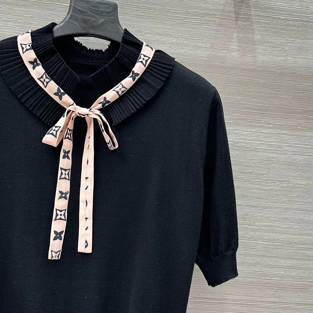 25 Spring/Summer New Lace Stand-up Collar Real Ribbon Short Sleeve