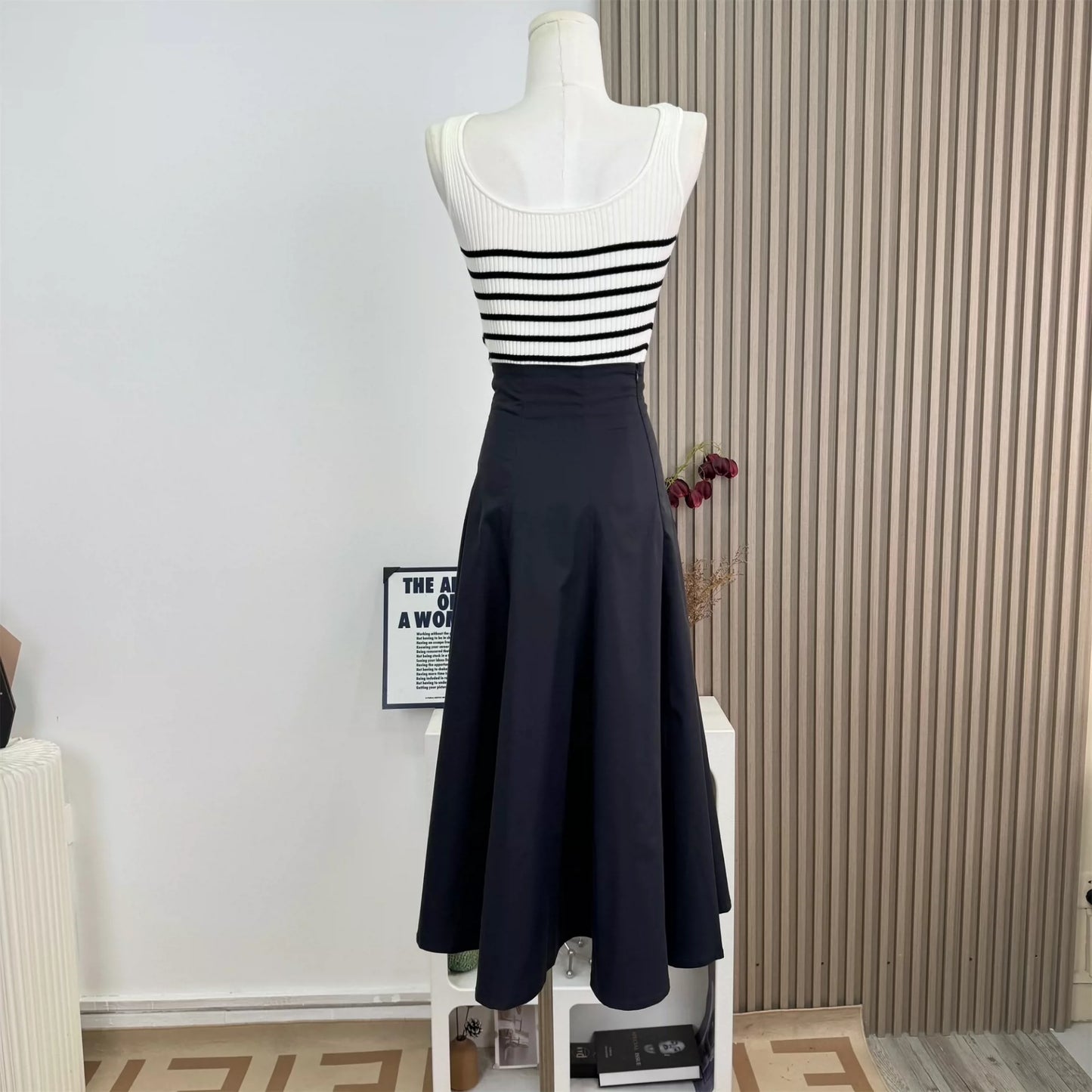 2025 new style light luxury age-reducing striped top + three-dimensional belted skirt
