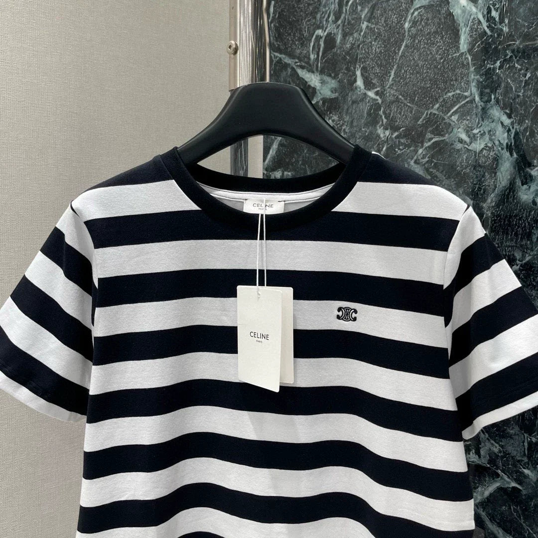 25 New black and white striped short-sleeved T-shirt