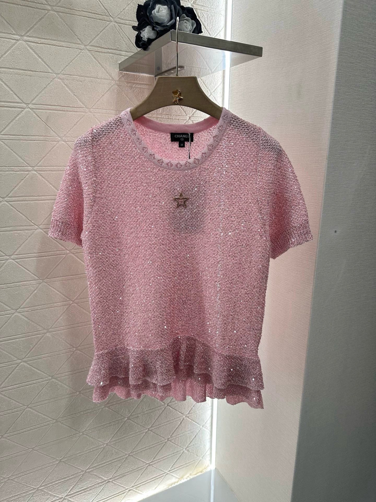 25 Starry Crystal Beaded Specialty Yarn Short Sleeve Top